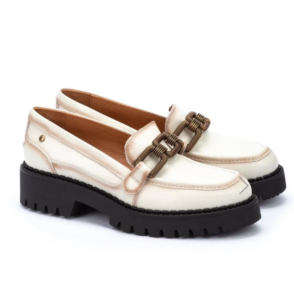 Pikolinos Aviles Cream Tan Loafers Leather Chunky Sole Brass Chain 41 11 NWOT